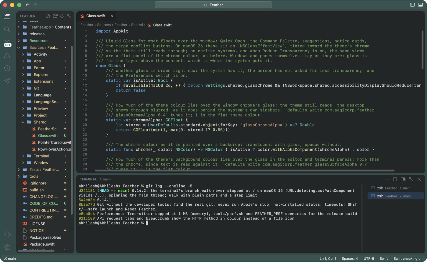 Feather in the Dark theme with a teal project colour on the bars and the ground under the panels.
