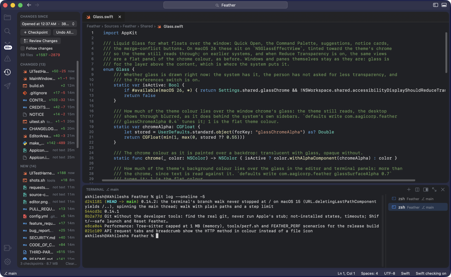 The Activity pane on the Feather repository: 59 files changed since the checkpoint with their lines added and removed, the + Checkpoint, Undo All and Review Changes buttons, and the Changed and New lists.
