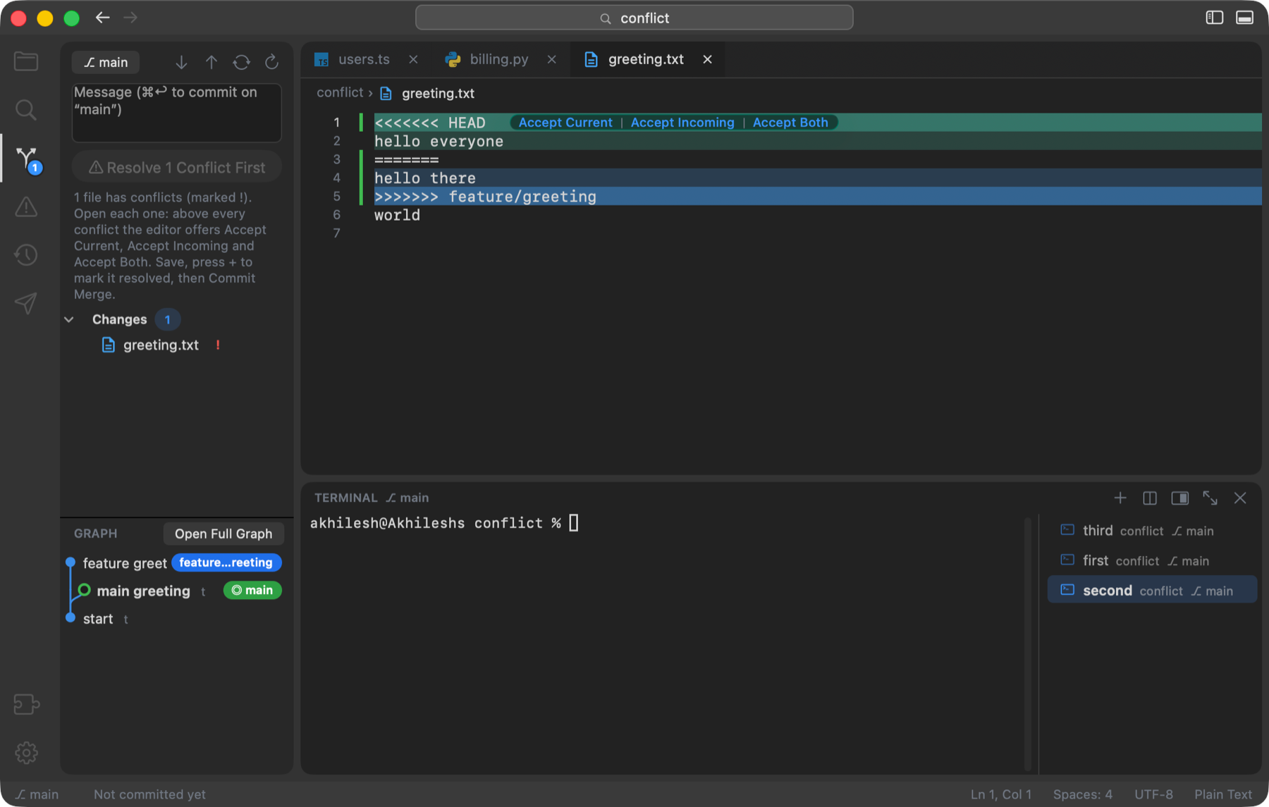 A merge in progress: the Source Control button reads Resolve 1 Conflict First, the pane explains the three Accept buttons, greeting.txt is marked with a red exclamation mark, and in the editor the buttons Accept Current, Accept Incoming and Accept Both sit above the conflict block, whose lines are marked in the gutter.