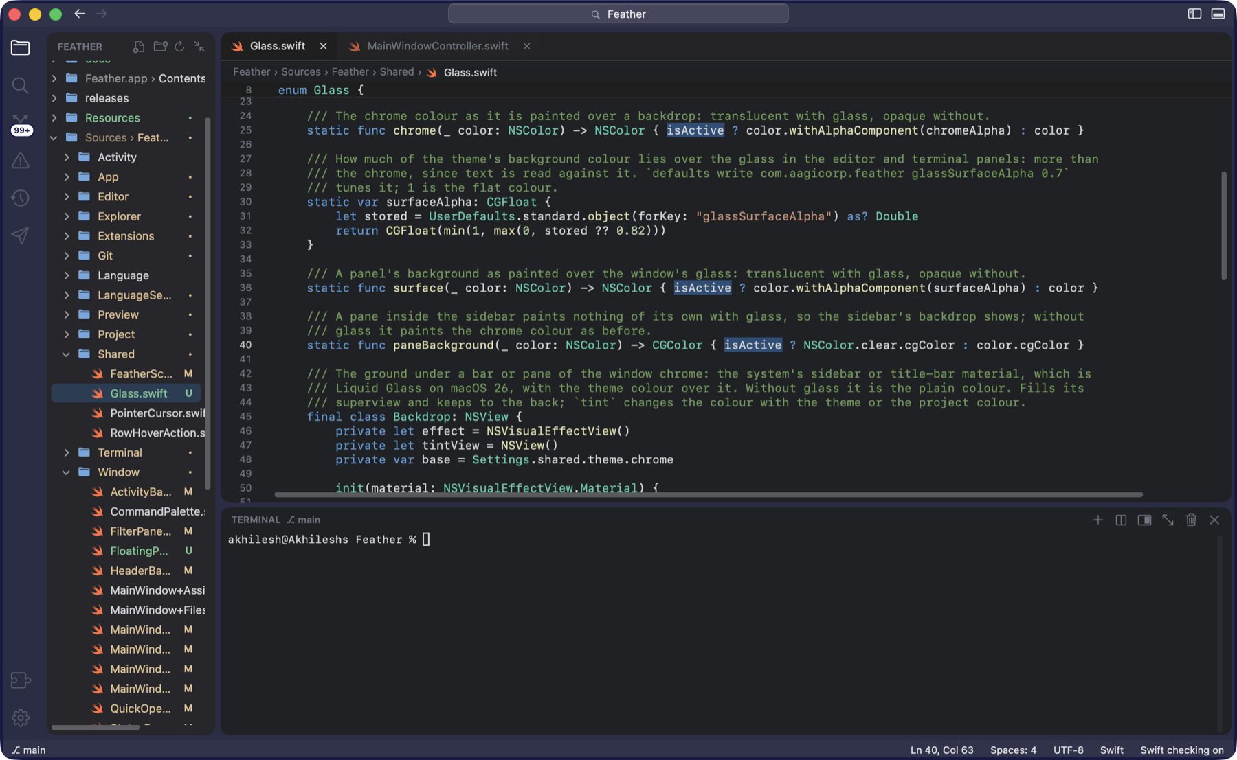 Glass.swift in the editor with the word isActive selected in four places at once, one cursor at each, after pressing Command D repeatedly; the enclosing enum Glass line stays pinned at the top.