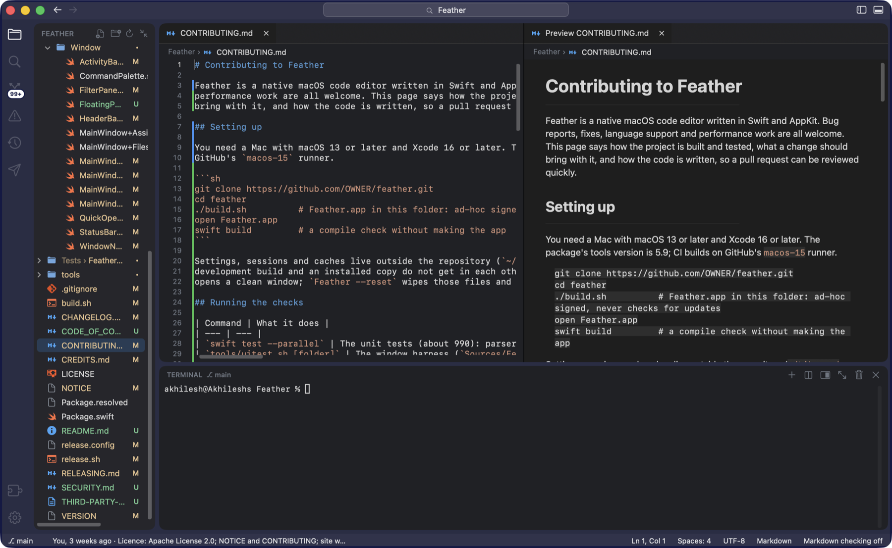 CONTRIBUTING.md as Markdown source in the left editor group and, beside it in a Preview tab, the same file rendered with headings, paragraphs and a code block.