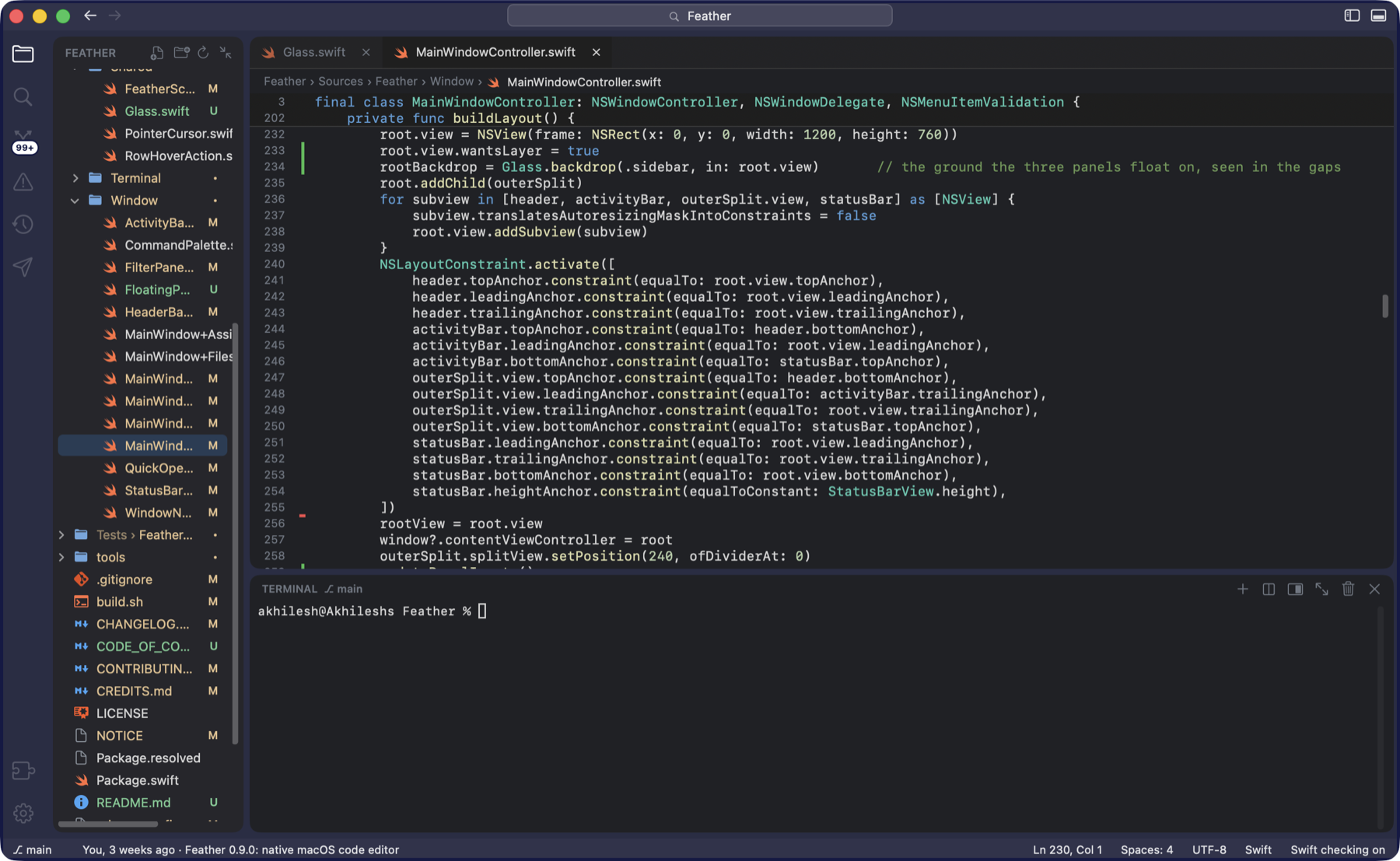 MainWindowController.swift scrolled deep into a long method: the lines final class MainWindowController and private func buildLayout() stay pinned at the top of the editor above line 232, so the enclosing class and function are always visible.
