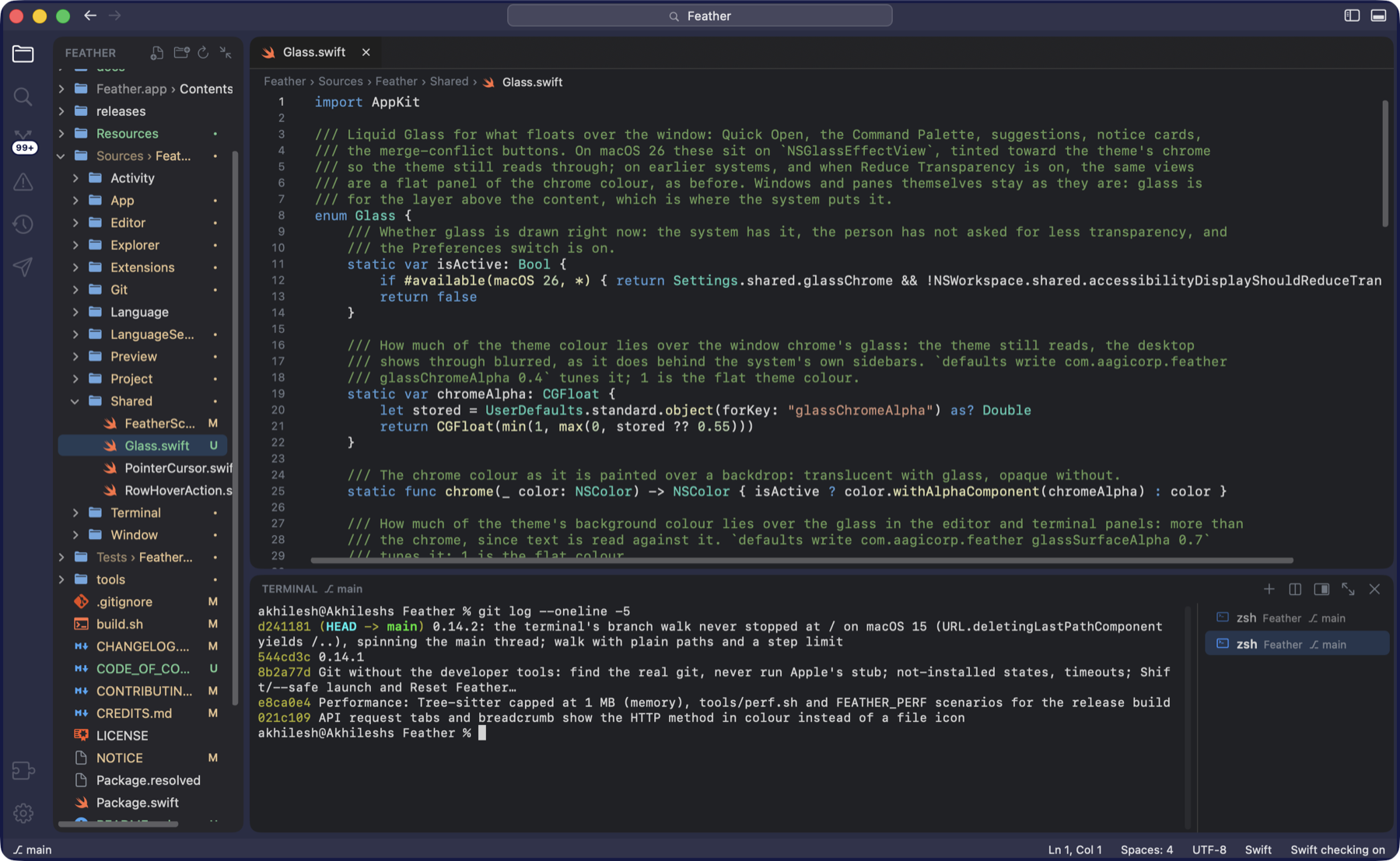 The terminal panel under the editor: a zsh shell in the Feather repository showing the output of git log --oneline -5 with the commit hashes and HEAD -> main in colour, the header reading TERMINAL main with the new, split, move-to-the-right, maximize and close buttons, and the list of shells on the right with each one's folder and branch.